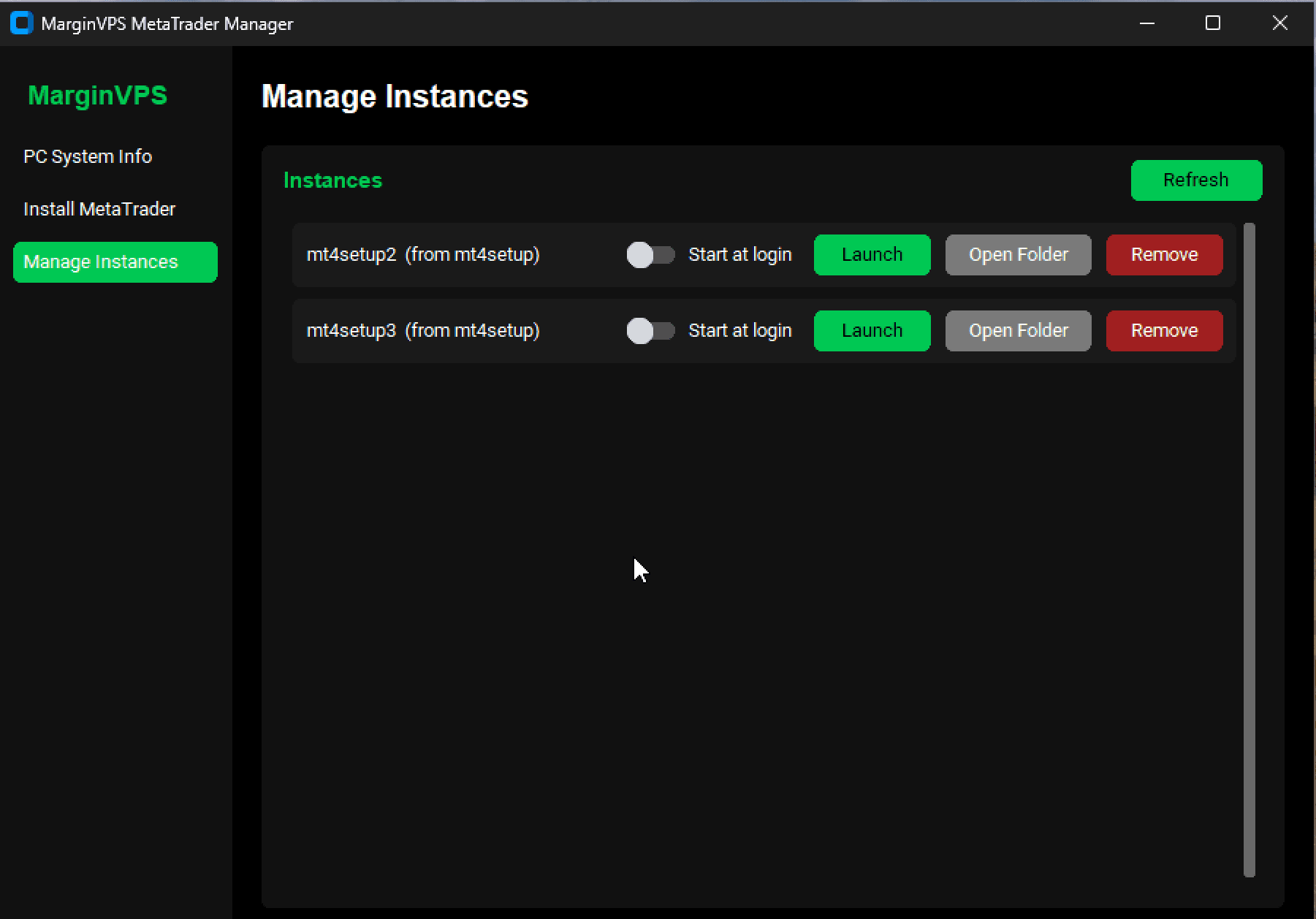 MarginVPS MetaTrader Manager showing multiple managed MetaTrader instances